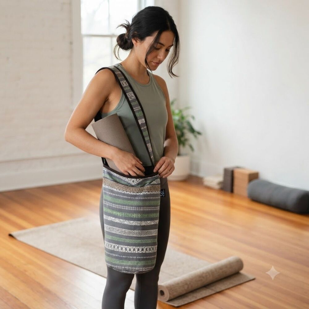 Ewedoos Gray Green Boho Pattern Yoga Mat Bag Carrier Strap Canvas Tote Boho